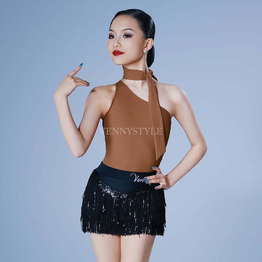 

Vennystyle Latin Dance Costume Off-Shoulder Sequin Fringe Skirt Practice Training Outfit
