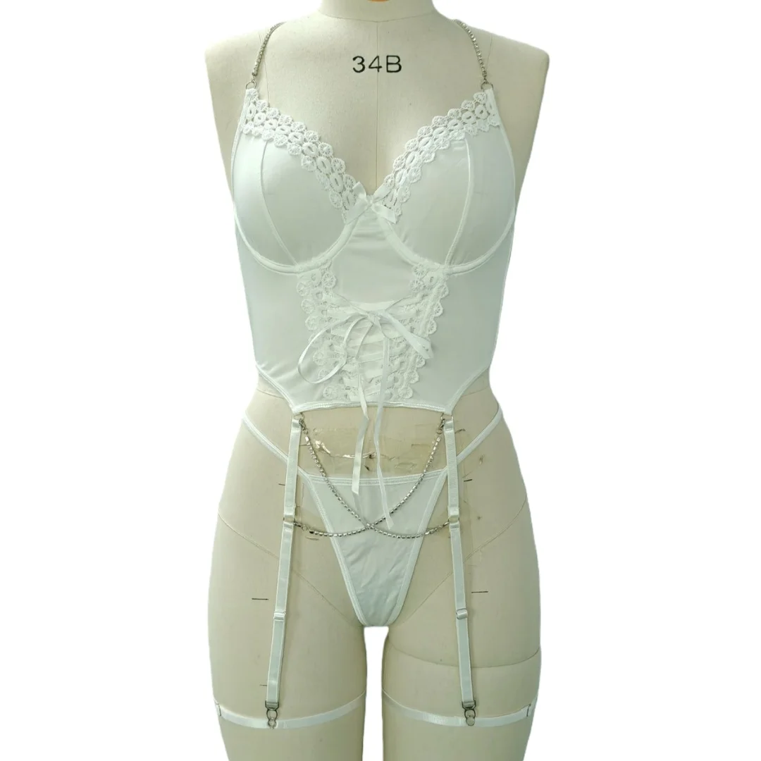 

Сексуальный элегантный комплект нижнего белья Brskbzda Valentine с цепочками: бюстгальтер, трусики-стринги и пояс с цепочками на ноги, белый, 2 предмета