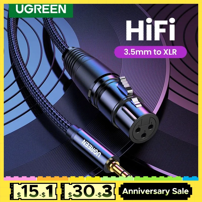 UGREEN XLR to 3.5mm Microphone Audio HiFi Cable XLR Female to Mini Jack Aux Mic Cord for Camcorders DSLR Cameras Computer