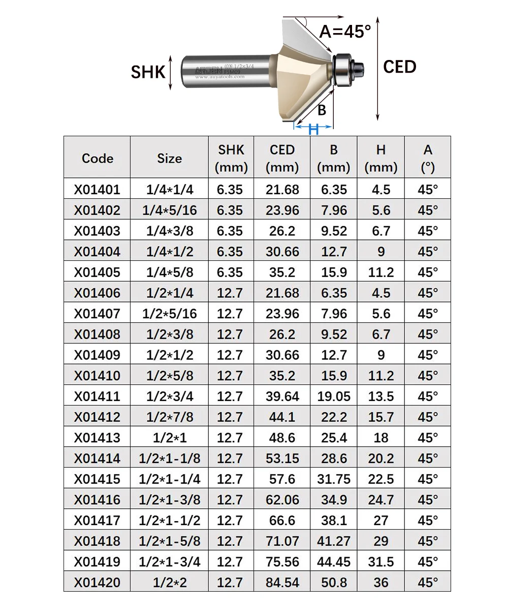 ARDEN 45 Degree Chamfer Router Bit 45° Woodworking Bevel Trimming Cutter Carbide Chamfering Milling Cutter for Wood MDF Plywood