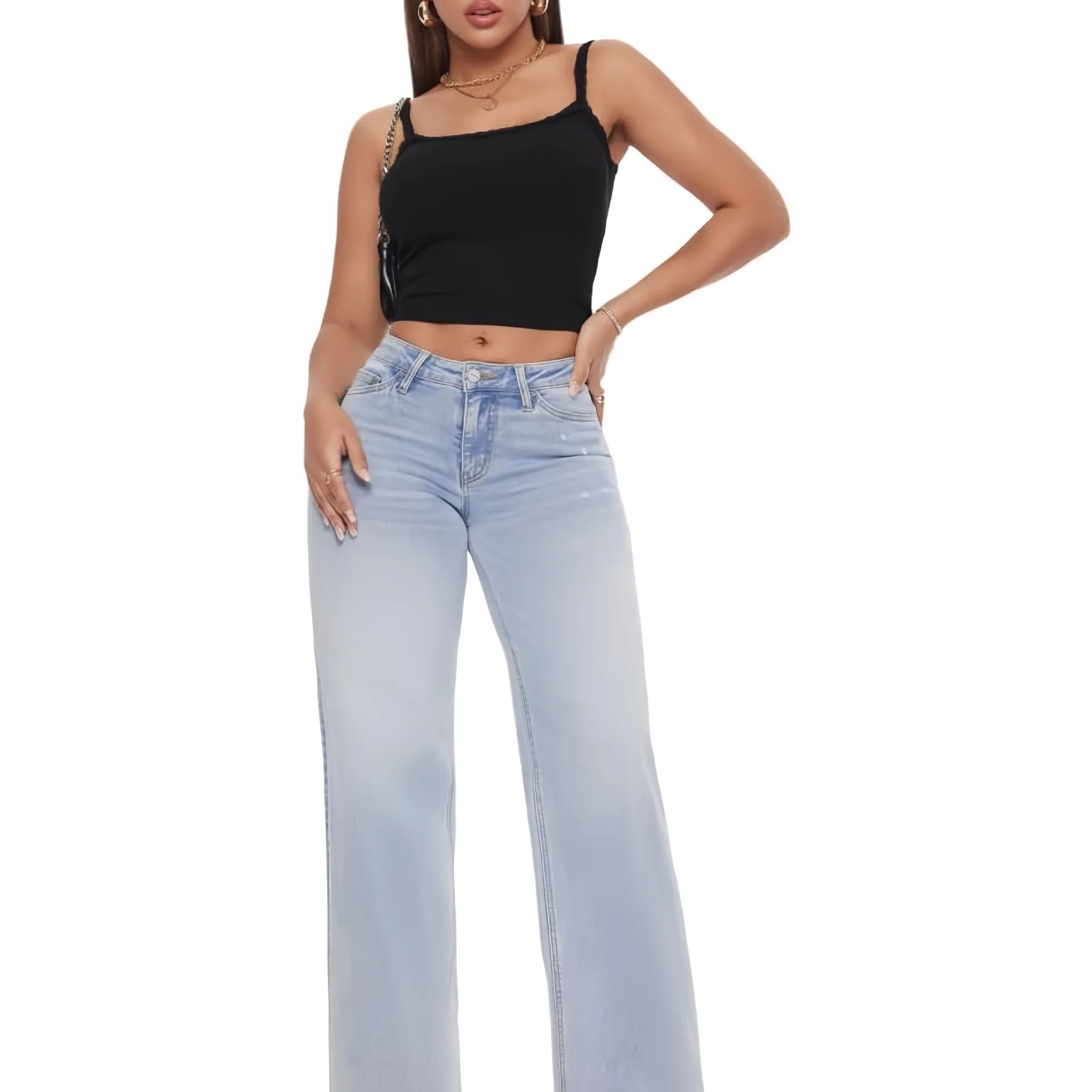 

2025 New Narrow Version Wide-leg Elastic Pants Mid-waist Hip Lift Straight Loose Jeans Women