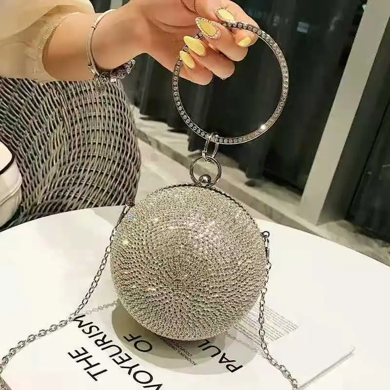 Rhinestones Women Evening Bags Ball Shaped Clutch Purse Diamonds Shoulder Chain Handbags Wedding Dinner Purse