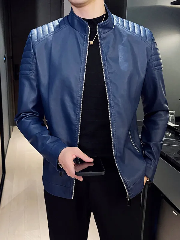

Мужская кожаная куртка-бомбер Slim Fit в стиле панк, весна 2026, новинка, модная, универсальная, с воротником-стойкой, для всех возрастов