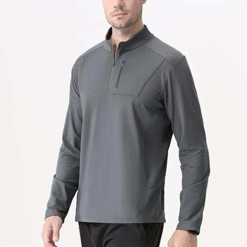 Mens Quick Dry Running T-Shirt Jogging Breathable Activewear Half Zip Gym Running Long Sleeve Fitness Bodybuilding Sport Top