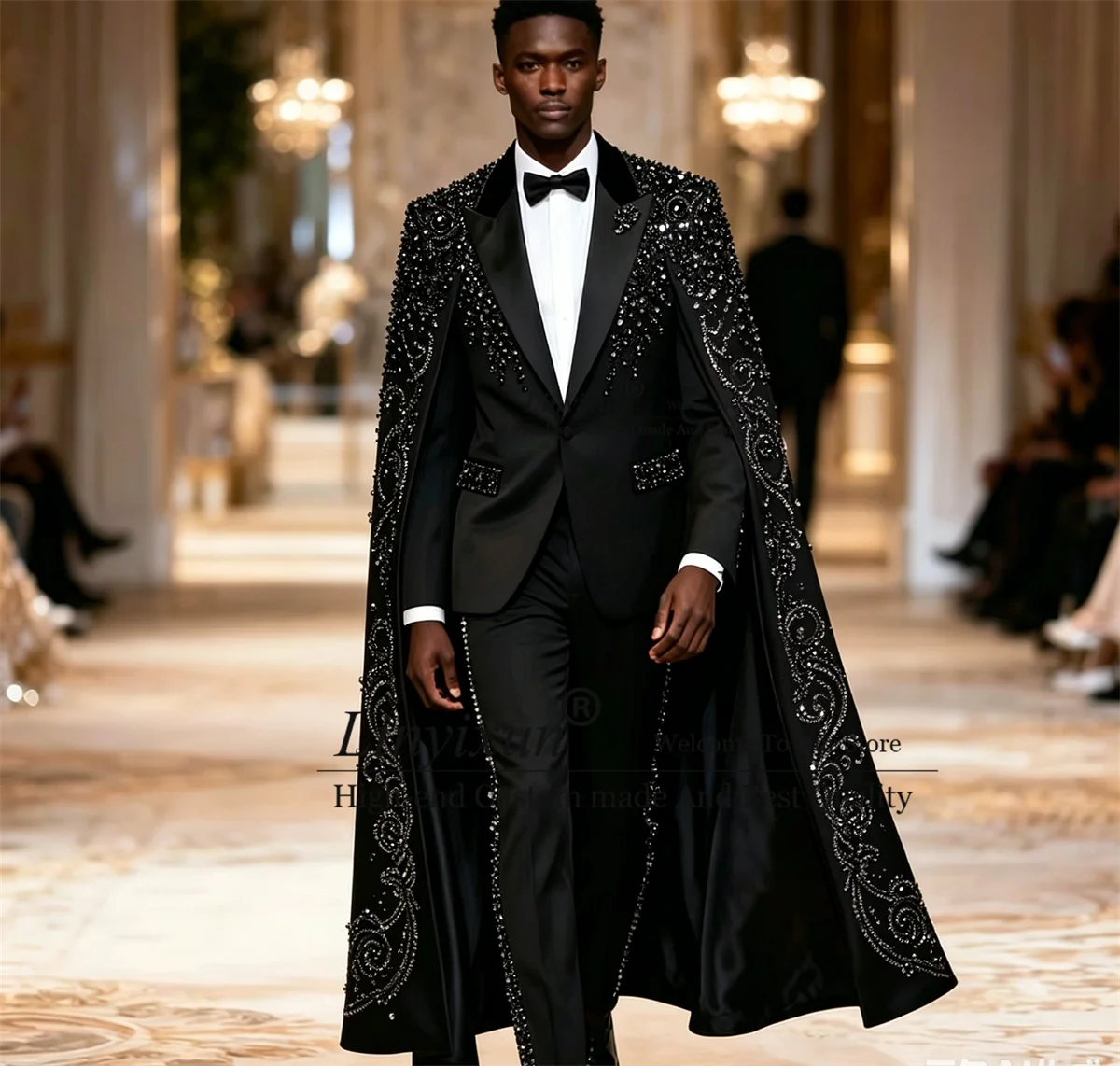 

Handmade Diamond Ornament Men Suits 3 Pieces Sets Wedding Groom Male Blazer Customized Party Tuxedos Long Coats Man Ropa Hombre
