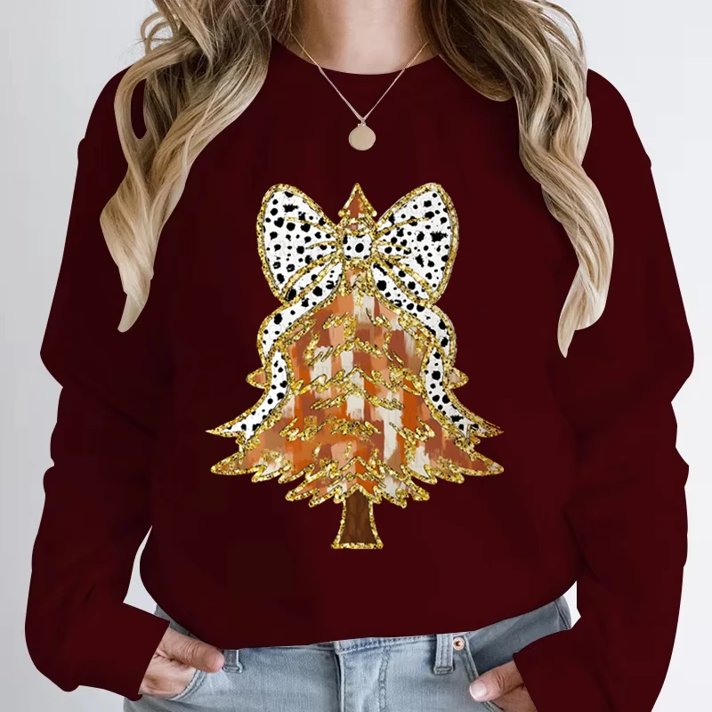 Womens Christmas Sweatshirt Colorful Christmas Tree with Bow Trending Sweatshirts Merry Christmas Tree Cartoon Classic Hoodies