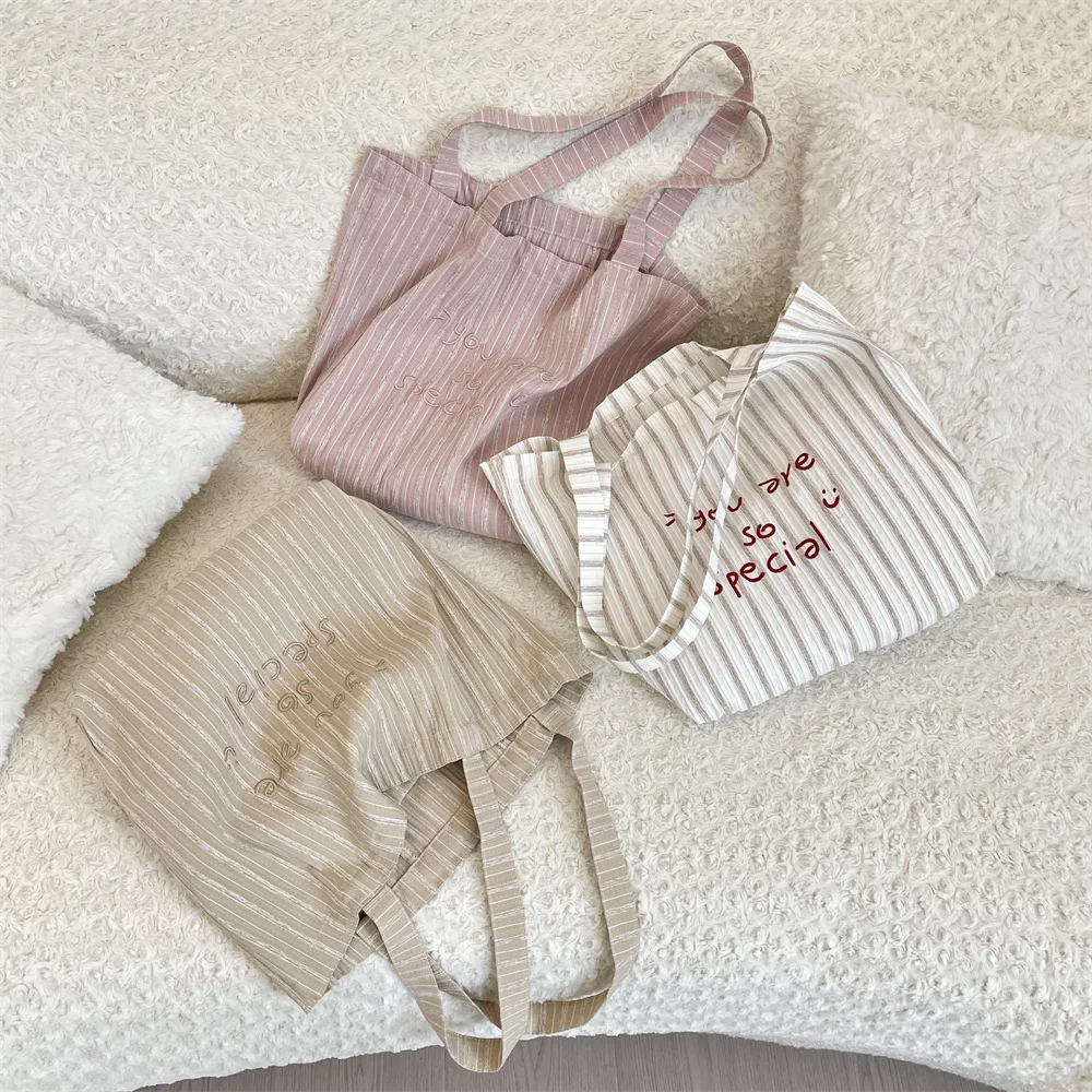

Stripe Letter Pattern Shoulder Canvas Bag Contrast Color Design Tote Korean Style Single Strap Bag for Spring Summer Women Use