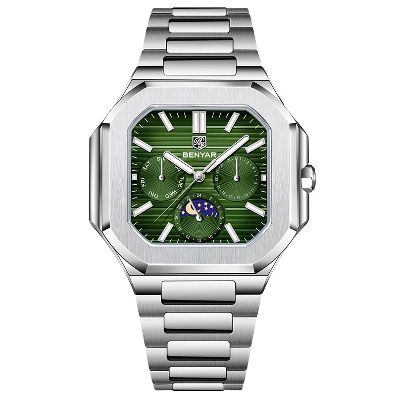 BENYAR 5221 New Square Moon Phase Watch: Classic Luxury Men's Quartz Watch with Sapphire Crystal and Stainless Steel Strap