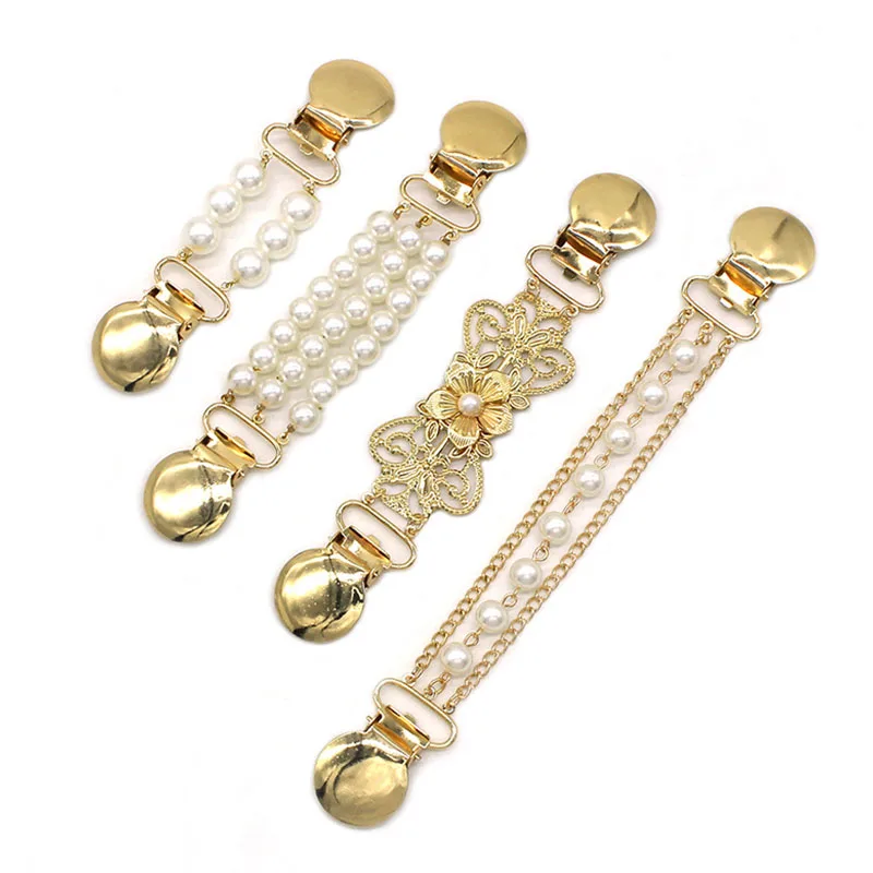 1pc Metal Anti-slip Cardigan Clip Pearl Chain Shawl Buckle Sweater Corsage Brooch Shirt Collar Holder Clip Accessories