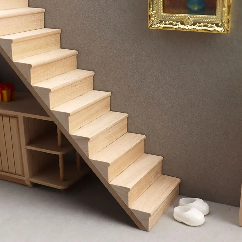 Pretend Play 1:12 Dollhouse Furniture DIY Armrest Mini Stairway Model Miniature Wood Stairs with Handrail