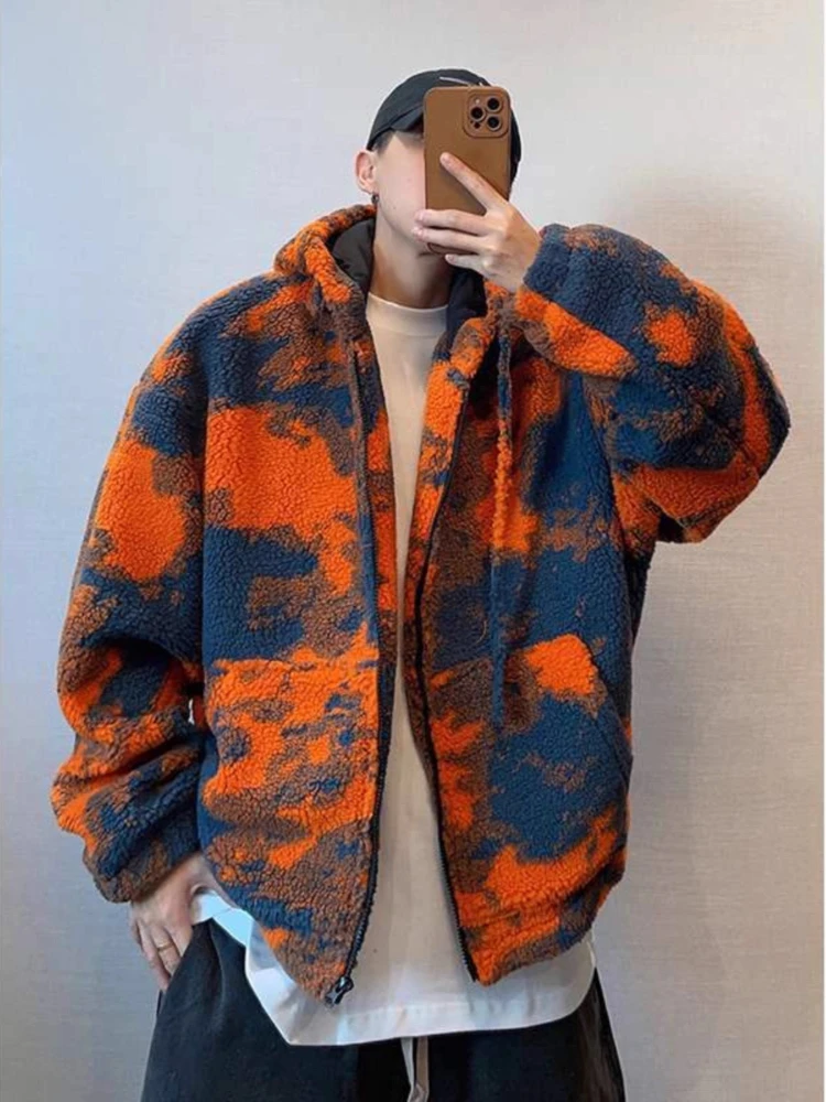 Chaqueta Sherpa Retro de invierno para hombre, abrigo de piel con capucha de gran tamaño naranja, ropa de calle gruesa y cálida, Parkas forradas de lana