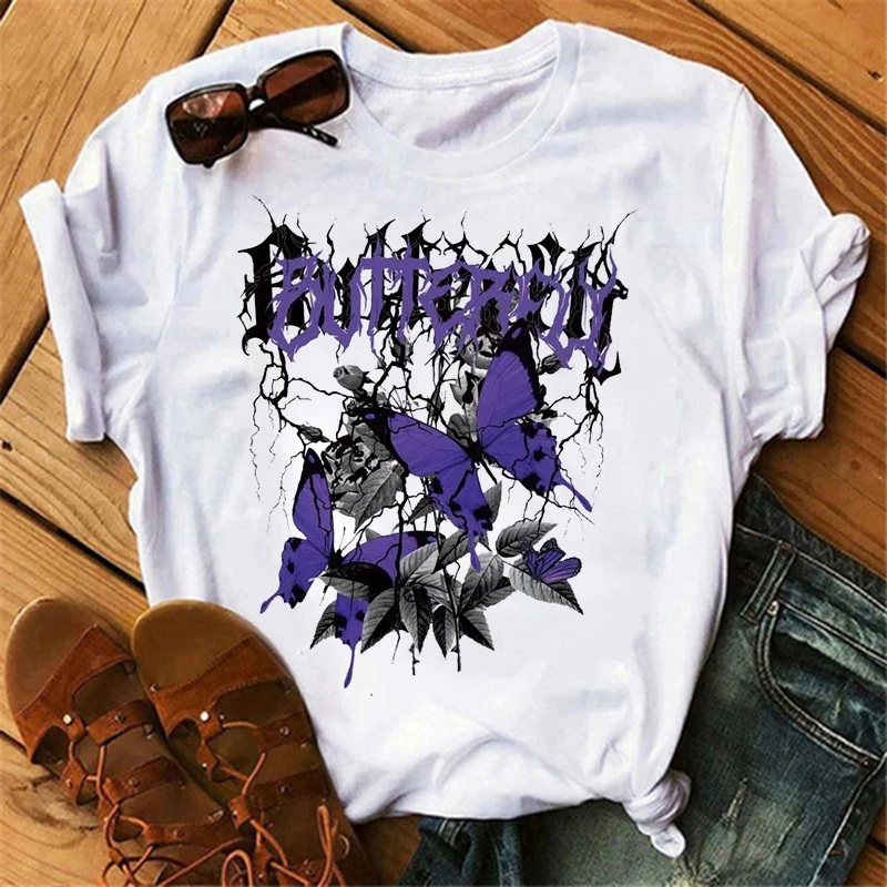 Women\'s Butterfly Tree Print Harajuku T-Shirt Round Neck Top Short Sleeve Casual Summer Tee Shirt