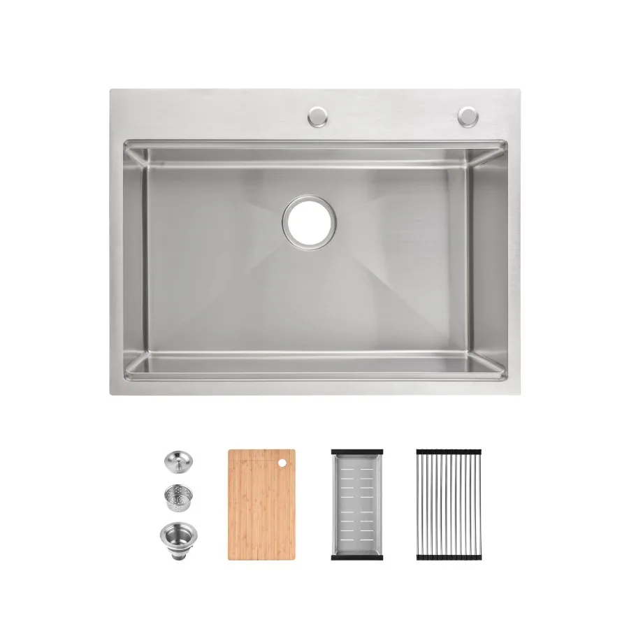 

Stainless Steel Kitchen Sink 30x22 Single Bowl Overmount Handmade Sink in Brushed with Cutting Board Colander