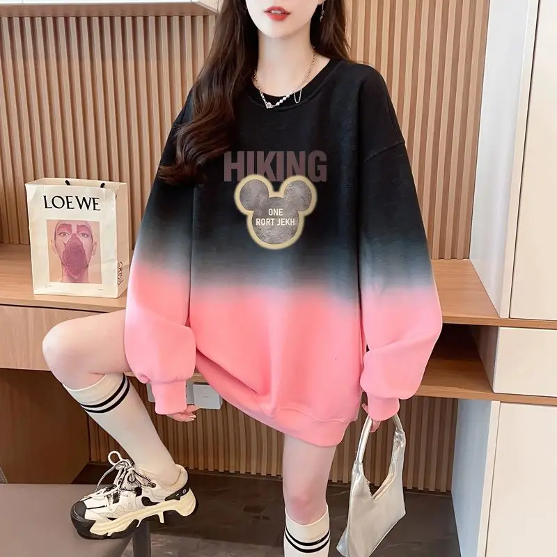 Korean Women\'s 2024 Spring and Autumn New Splicing O-Neck Print Fashion Minimalist Casual Gradient Loose Long Sleeved Hoodies