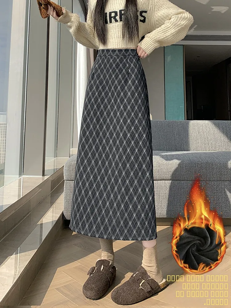 

Ретро-юбка в клетку из шерсти для женщин, новая зимняя модель с высокой талией, утепленная флисом, средней длины, приталенная, А-силуэт