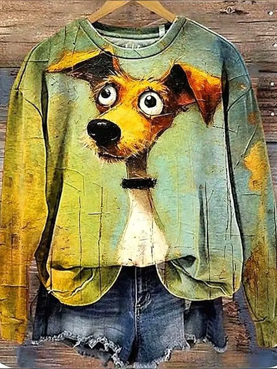 2025 المرأة الحيوان الكلب الجرافيك بلوزات ثلاثية الأبعاد يطبع س الرقبة طويلة الأكمام تي شيرت ملابس نسائية Y2K الشارع الشهير الخريف البلوز #4