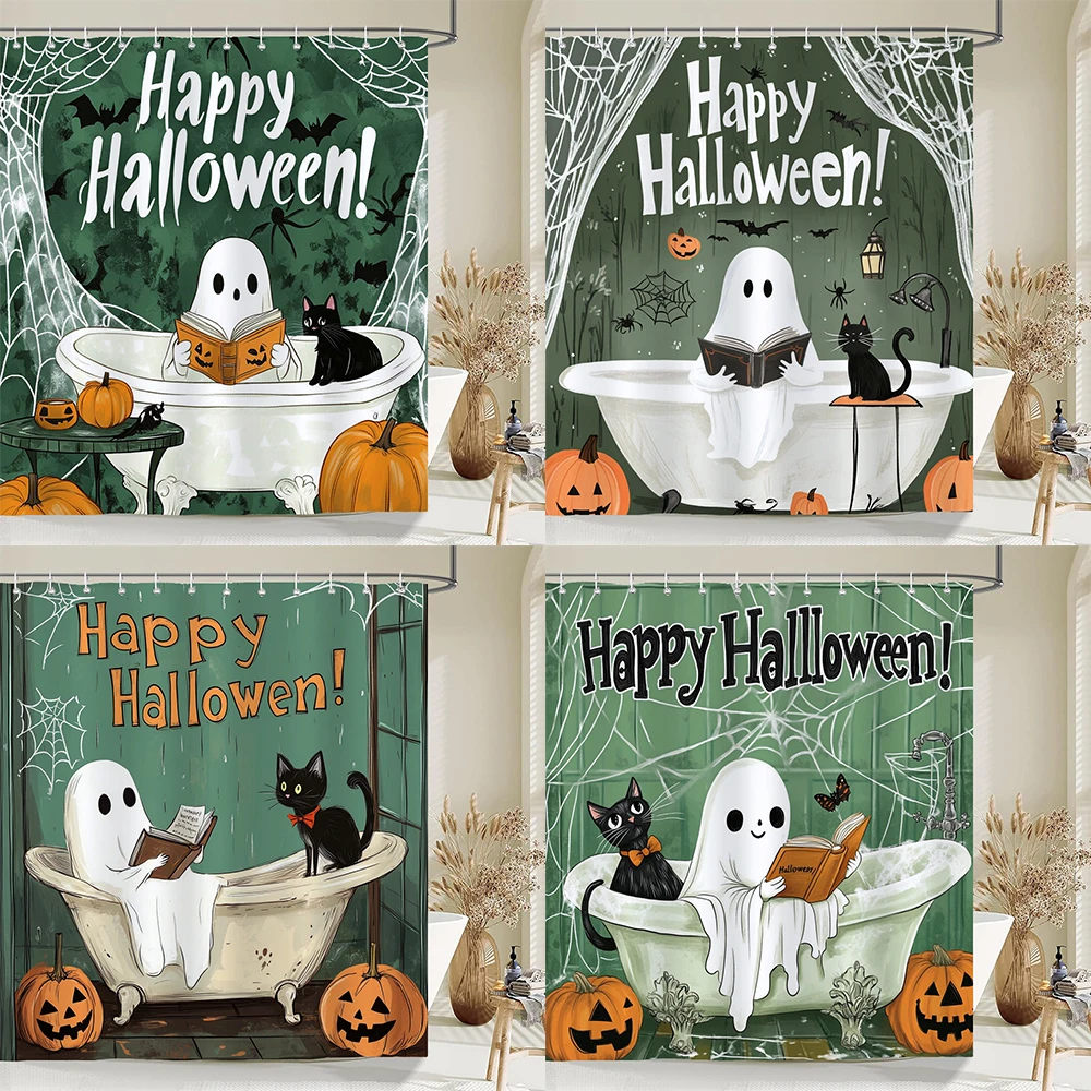 

1PC Halloween Shower Curtain Gothic Cute ghost All Saints Day Pumpkin black cat Bathroom Curtain Home Vintage decor curtain
