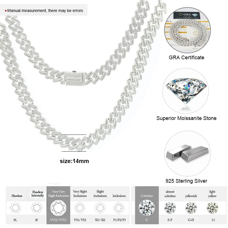 Pass Tester 14mm 925 Sterling Silver Vvs Baguette Moissanite Iced Out Pill Shape Miami Cuban Link Chain Necklace