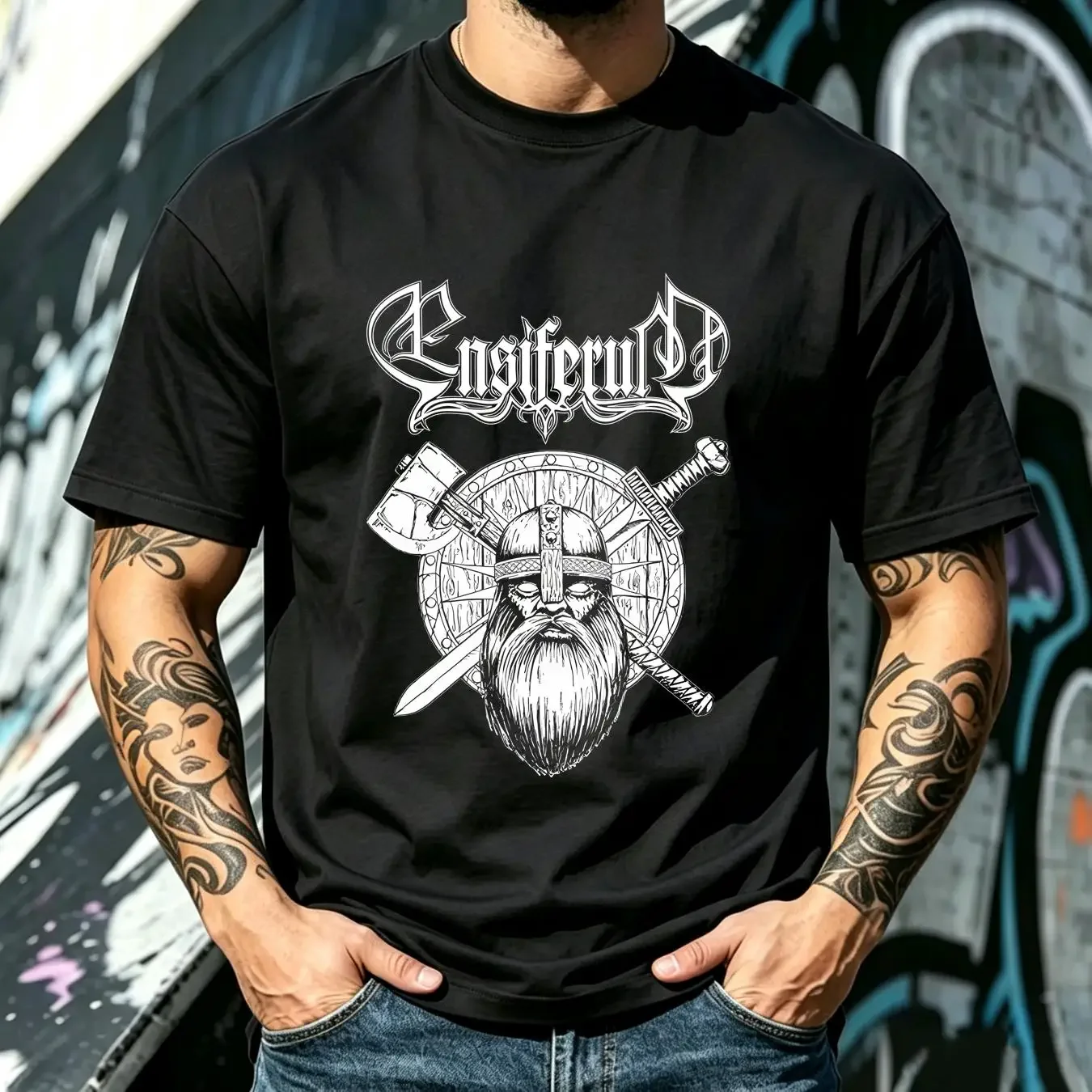 washed T Shirt Ensiferum SwordAxe OFFICIAL vintage Washed Stylish Breathable Versatile Casual Stretched Slightly fashion