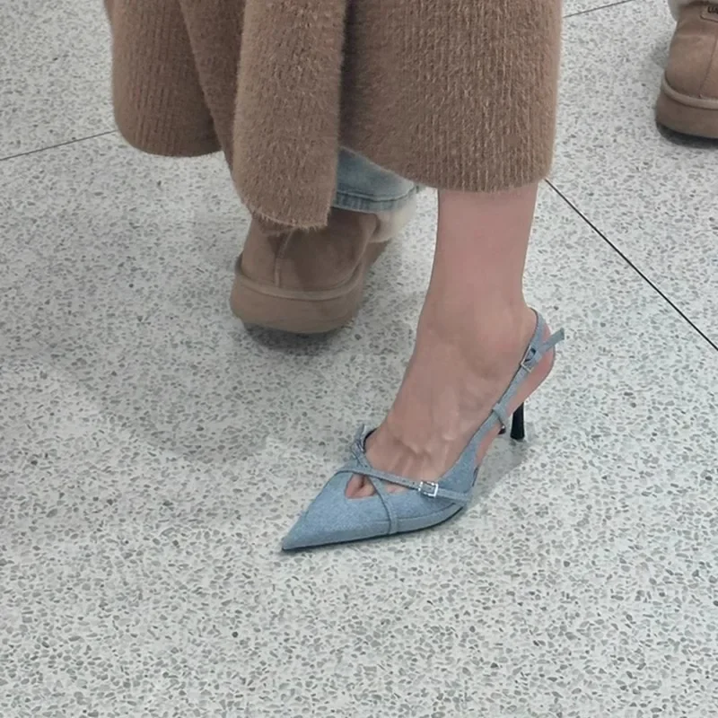 Pointed Toe Denim High Heels Elegant One-Line Buckle Stiletto Sandals Women Cloth Shoes Sandalias Mujer Verano