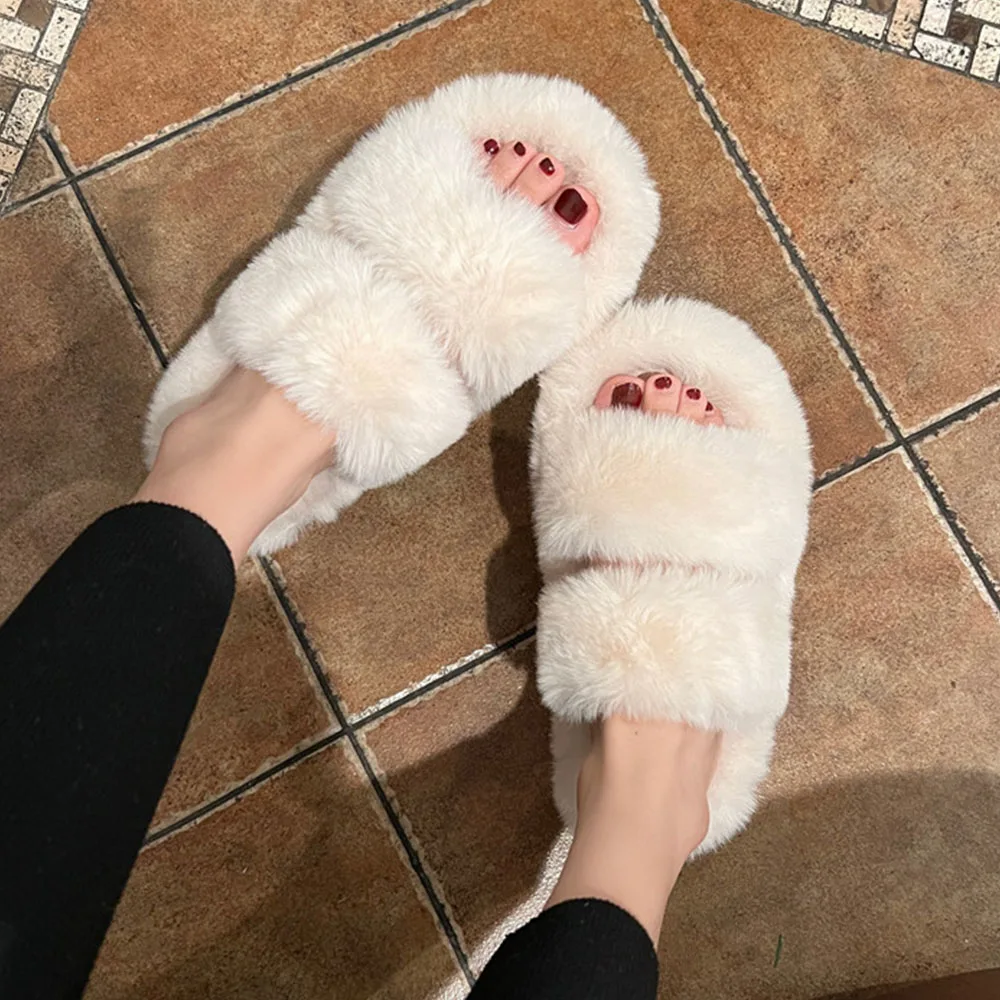 GIGIFOX Women Faux Fur Flat Slippers Outdoor Platform Low Heel Open Toe Flat Shoes Long Plush Comfort Leisure Indoor Slippers