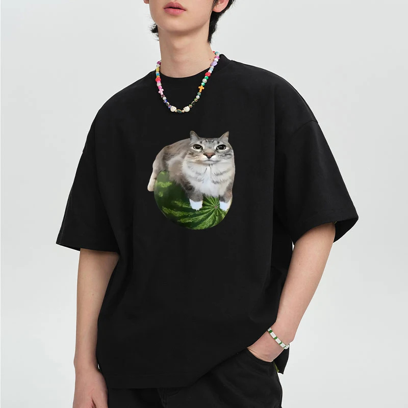 

Hilarious Watermelon Cat Silly Cat Meme printed short sleeve T-shirts Men Women Funny Cotton Loose T shirt Summer Unisex Tops