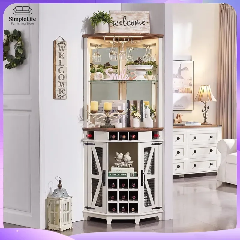 Corner Bar Cabinet with LED Lights Adjustable Wine Rack Glass Door Multifunctional Storage Cabinet for Home Bar Kitchen
