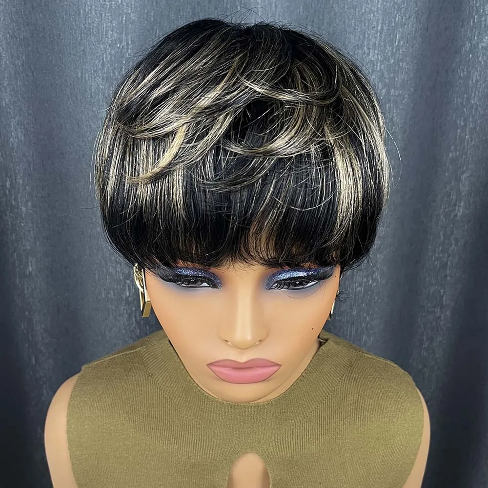 흑인 여성용 인모 픽시 가발, 금발 하이라이트, 짧은 스트레이트 레미 인모 머신 메이드 가발 (앞머리 포함)