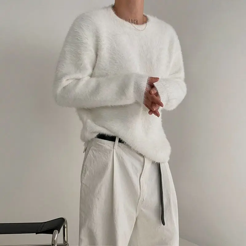 

Осень-зима, новый модный мужской однотонный свободный свитер с круглым вырезом и длинным рукавом, повседневный модный простой базовый вязаный свитер, пуловеры для мужчин