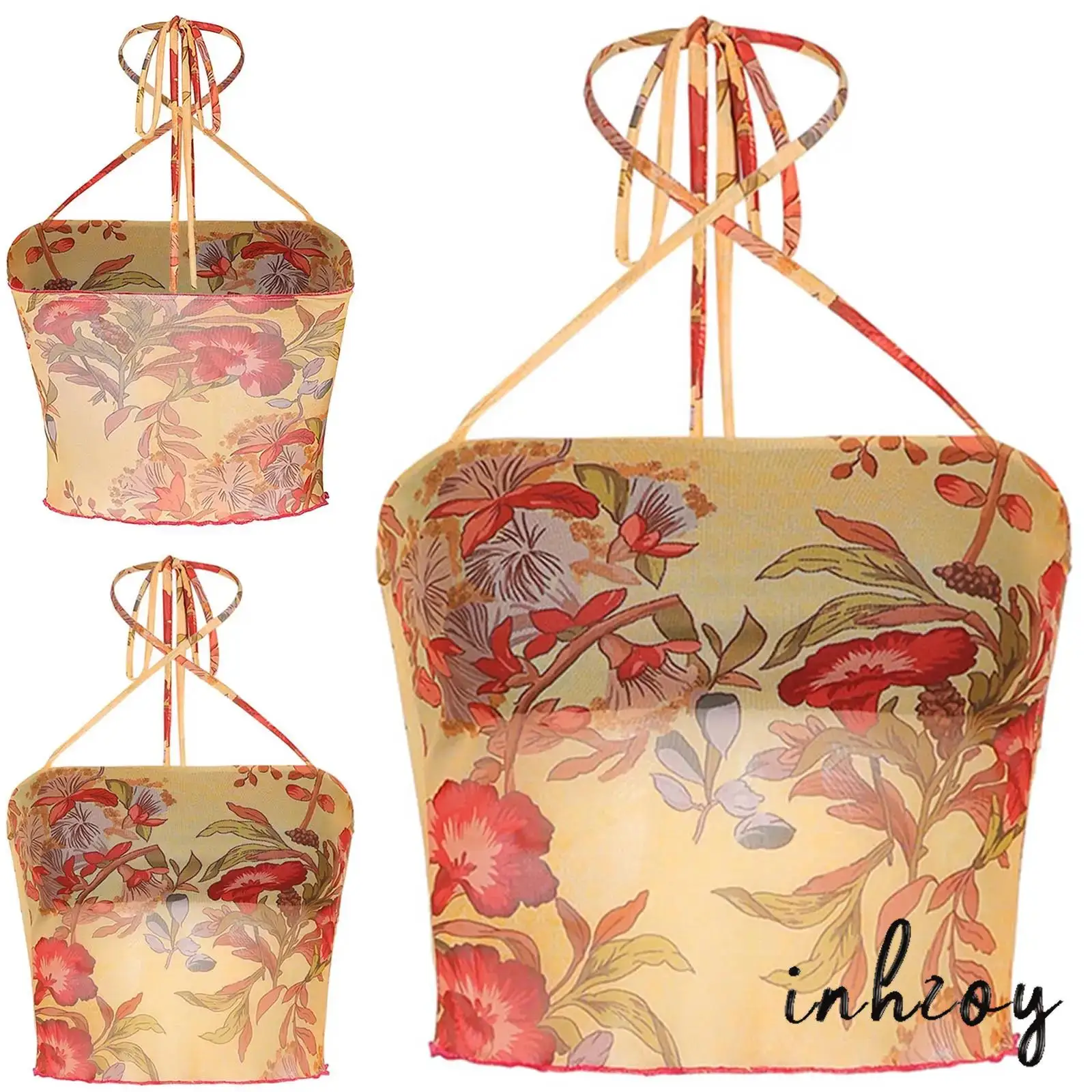

Womens Flower Print Cropped Camisole Crossing Halter Sleeveless Backless Mesh Crop Tops Vest for Daily Casual Vacation Bar Club