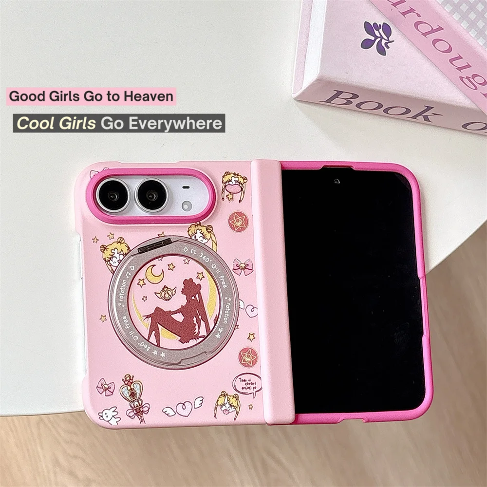Korea Fashion Cute Star Magnetic Rotating Bracket Phone Case For iPhone Duo Kawaii Pink Hard Protective Cover For Magsafe