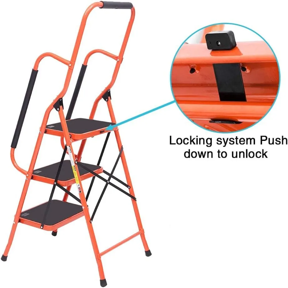 Scaletta portautensili pieghevole in acciaio a 3 gradini con impugnature imbottite e pedali larghi