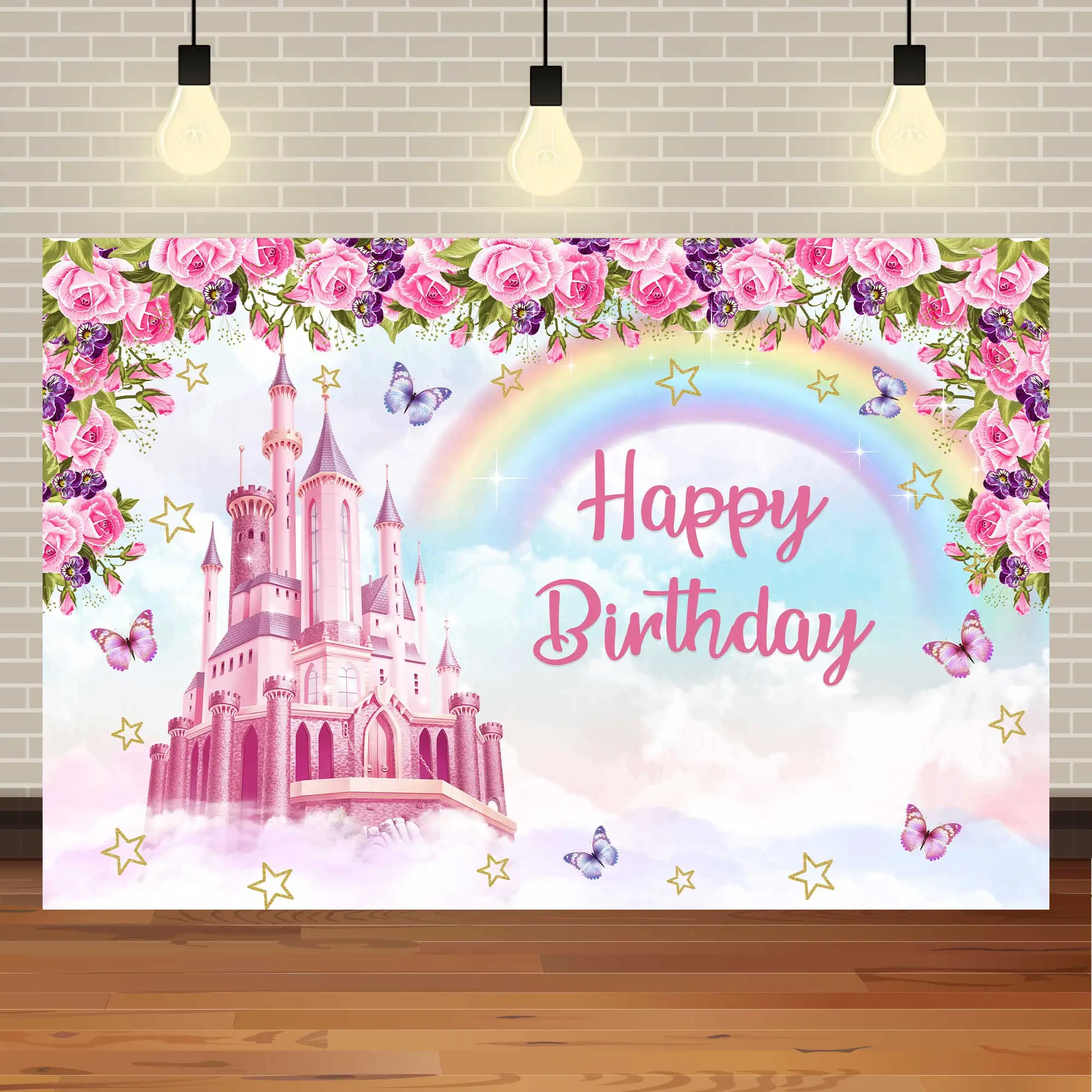 NeoBack Princess Latar Belakang Pesta Ulang Tahun Fotografi Anak Perempuan Pink Castle Unicorn Bintang Glitter Kereta Disesuaikan Latar Belakang Bayi