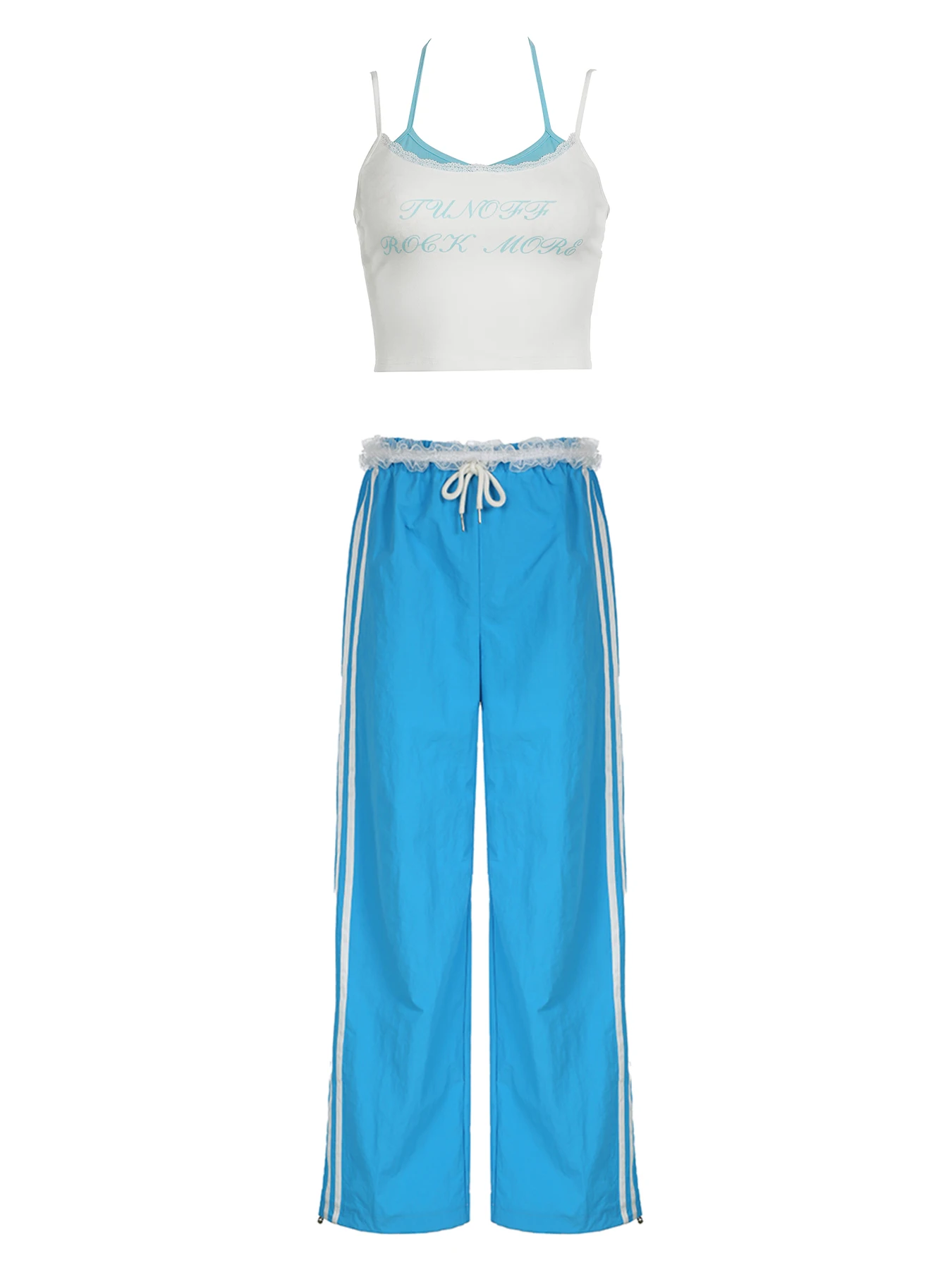IAMSURE Sweet Folds Pants Set Casual Basic Lace Trim 2 Piece Sets Bandage  Slash Neck Camis Top Low-Waisted Wide Leg Pants Lady
