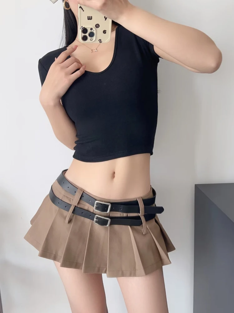 PUWD Casual Women Grey With Double Belt Pleated Mini Shorts Skirts 2023 Summer Vintage Low Waist Solid Color Female Chic Bottoms