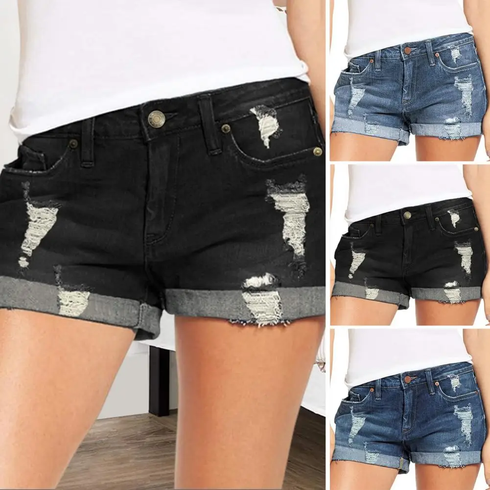 

Denim Shorts for Women Mid Rise Ripped Distressed Jean Shorts And Pockets Summer Casual Cuffed Hem Stretchy Denim Shorts