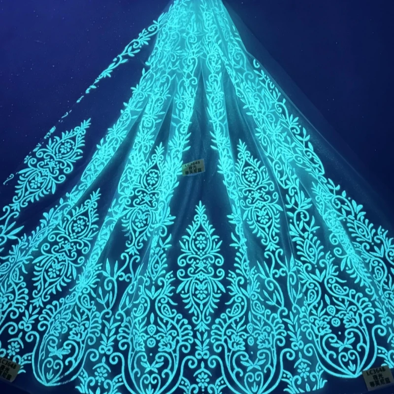 10 yardas de tela de tul de encaje noctilucente azul aguamarina de alta calidad, con purpurina dorada y cuentas de lentejuelas para vestidos de fiesta.