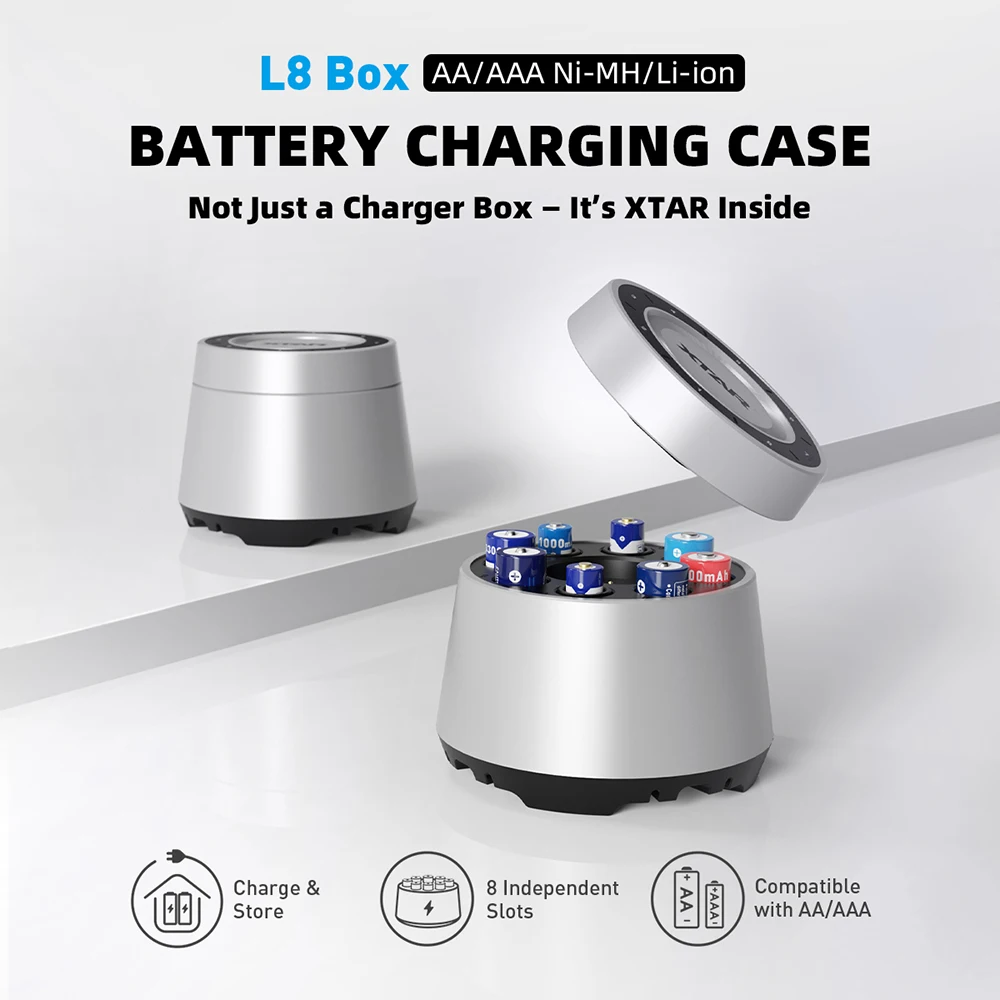 XTAR L8 BOX AA/AAA Battery Charger - 8-Slot Fast Charging & Storage Box with Smart LED & Full ProtectionsProtections