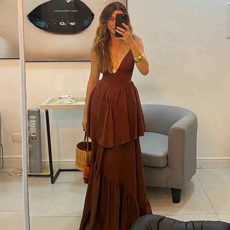 

Fashionable Camisole Dress, Long Skirt, V-Neck, Double-Layer Skirt, Waist Cinching, Sexy Temperament Dress