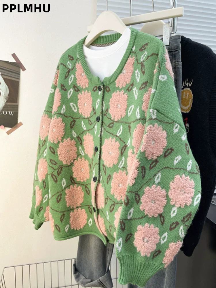 

Printed O-neck Knitted Sweater Long Sleeved Women's Casual Cardigan Jumpers Baggy Oversized Korean Fashion Knitwear Gilet