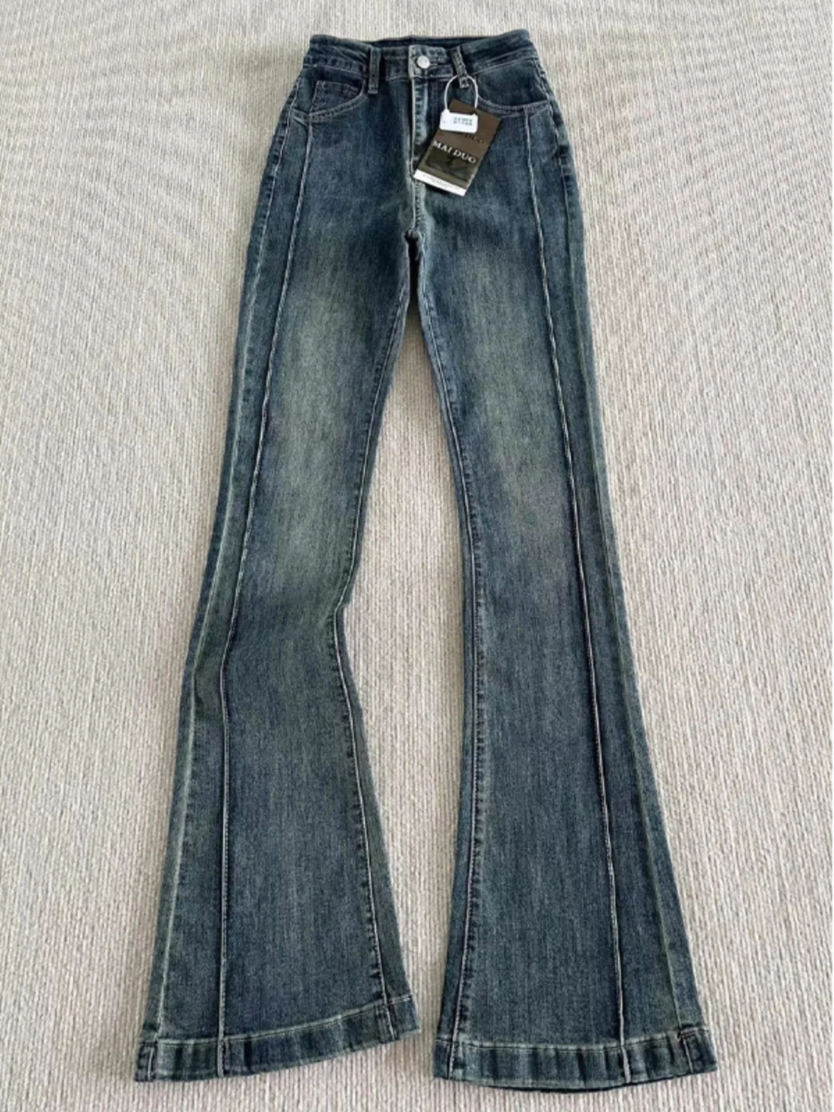 

Американские ретро джинсы-колокольчики с высокой талией на подкладке, женские эластичные длинные повседневные джинсовые брюки, синие тонкие зимние брюки