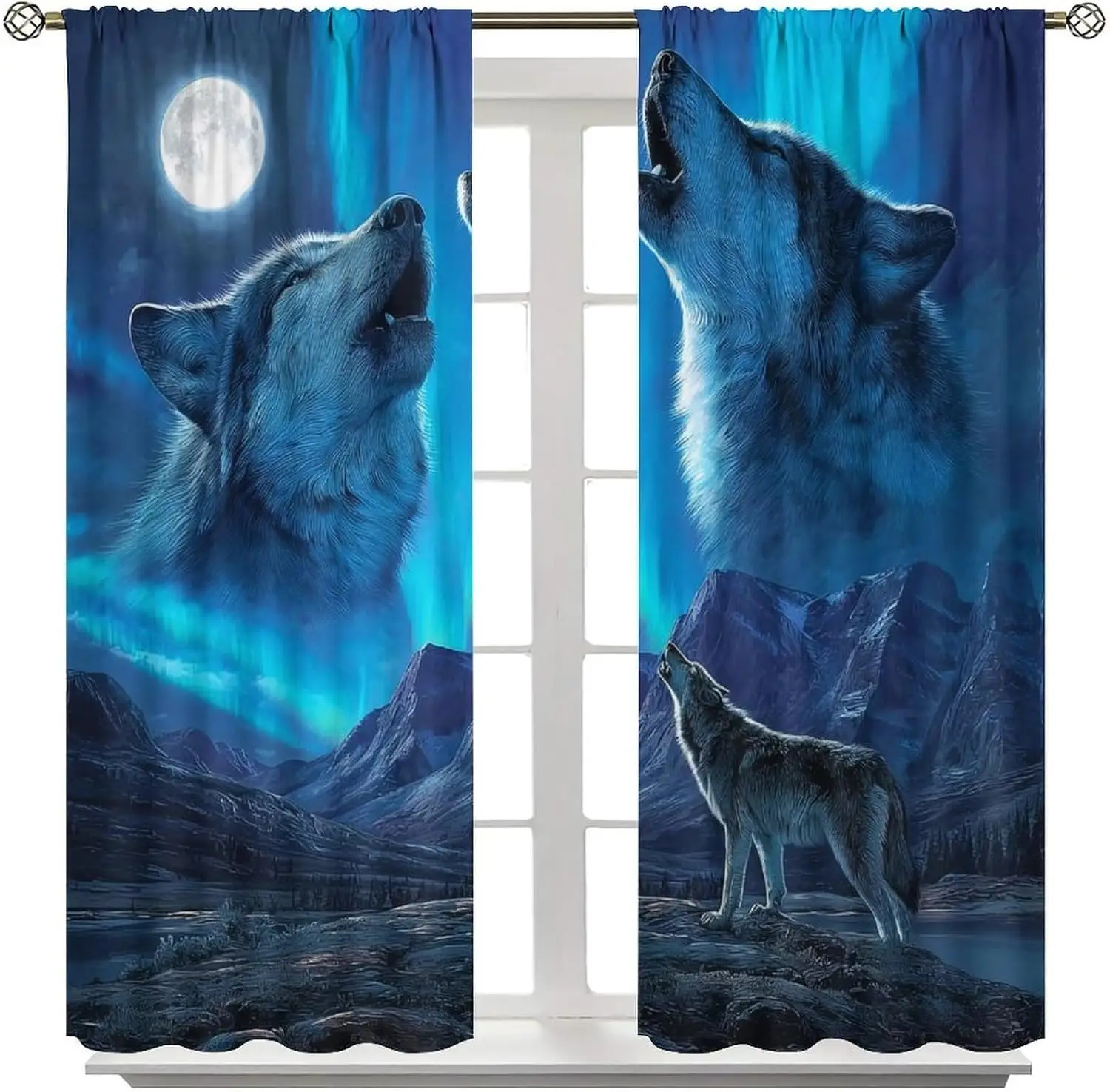 Howling Wolf Curtain Full Moon Aurora Snow Mountain Wild Animal Night Print Light Filter Drape For Farm Bedroom Kitchen Homestay
