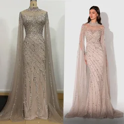 YQLNNE Luxury Nude Handmade Crystals Evening Dress With Sleeves Long Mermaid High Collar Tulle Beaded Formal Gowns