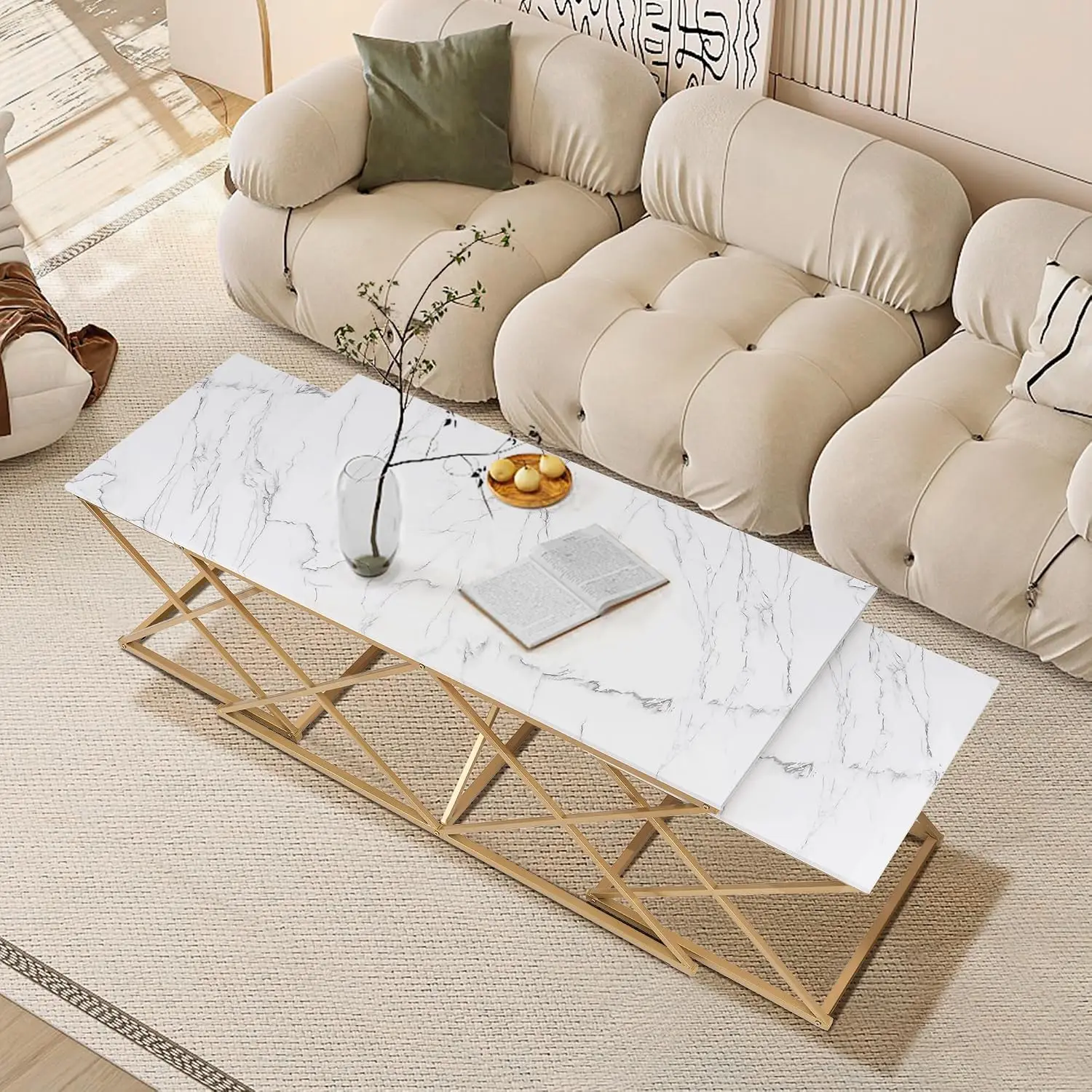 Modern Nesting Coffee Table Set of 3, Faux Marble Top & Golden Frame, Living Room Side Table, Round Small Large, Customized
