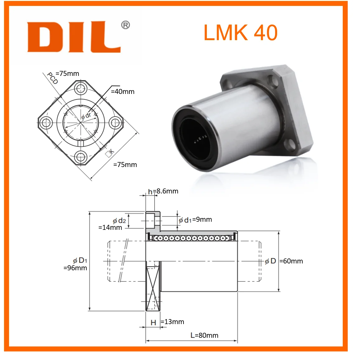 Original New DIL linear bushing Square Flange LMK LMK40 LMK40UU to replace THK IKO INA bearing CNC Router 3D printer Parts