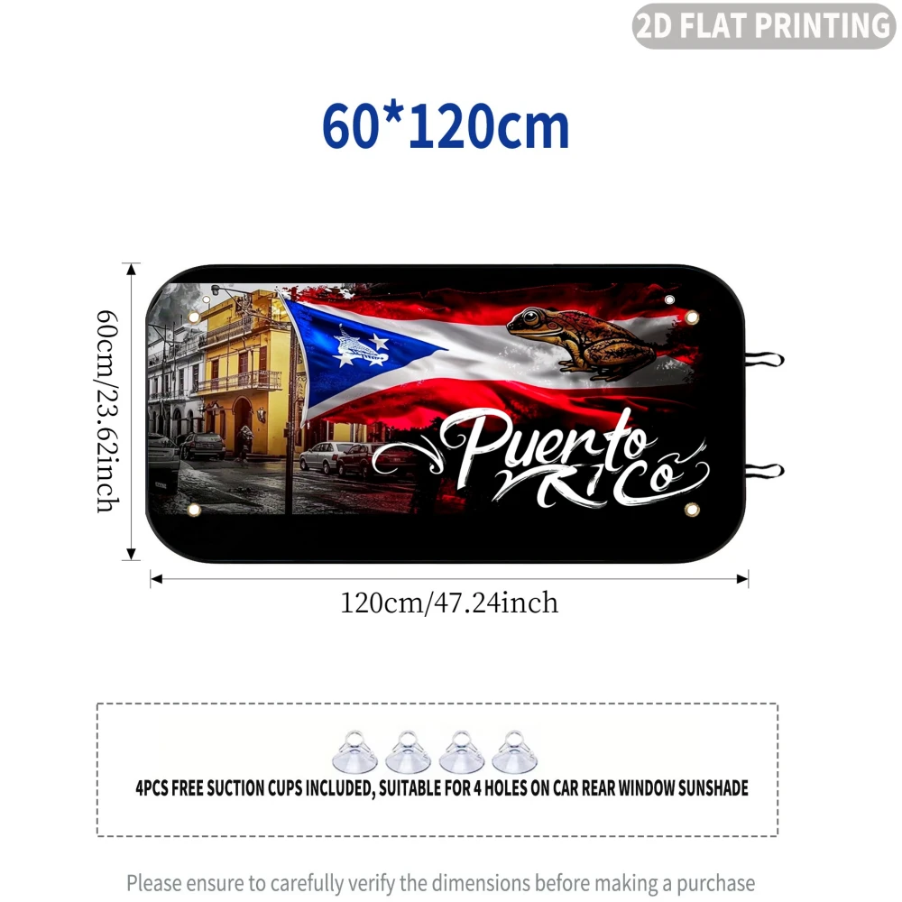 2D FLAT Printing 1pc Car Rear Window Sunshade Puerto Rico Flag Coqui Frog Old San Juan, 4 Suction Cups, for Summer