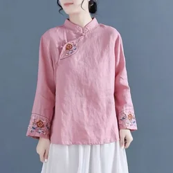 Chinese Style Traditional Clothing Mandarin Collar Embroidered Cotton Linnen Modern Retro Hanfu Shirt New Chinese Top Women