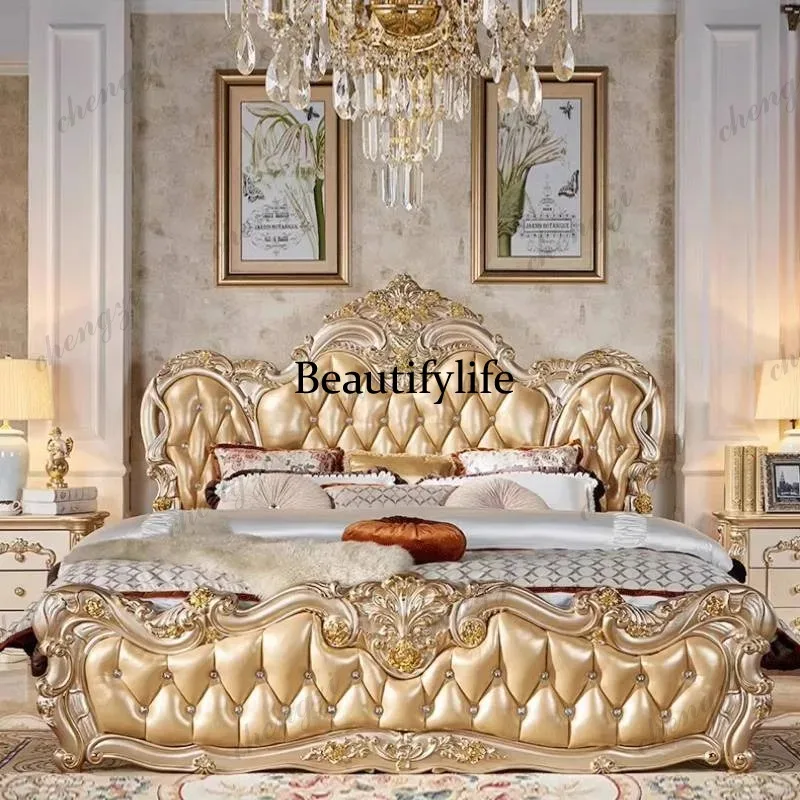 Gold European Luxury Double Bed Set Design Room Small Luxury Home Double Bed Mattress Wooden Adults Muebles - view 2