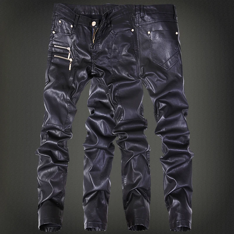 New Fashion Men Leather Pants Patchwork Casual Skinny Men\'s Motorcycle Jeans High Quality Men\'s Slim Trousers Jeans Size 28-36
