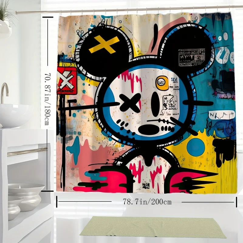 Colorful Cartoon Mouse Graffiti Art Shower Curtain - Waterproof Polyester with Hooks, Machine Washable - YWJHUI, Artistic, Carto